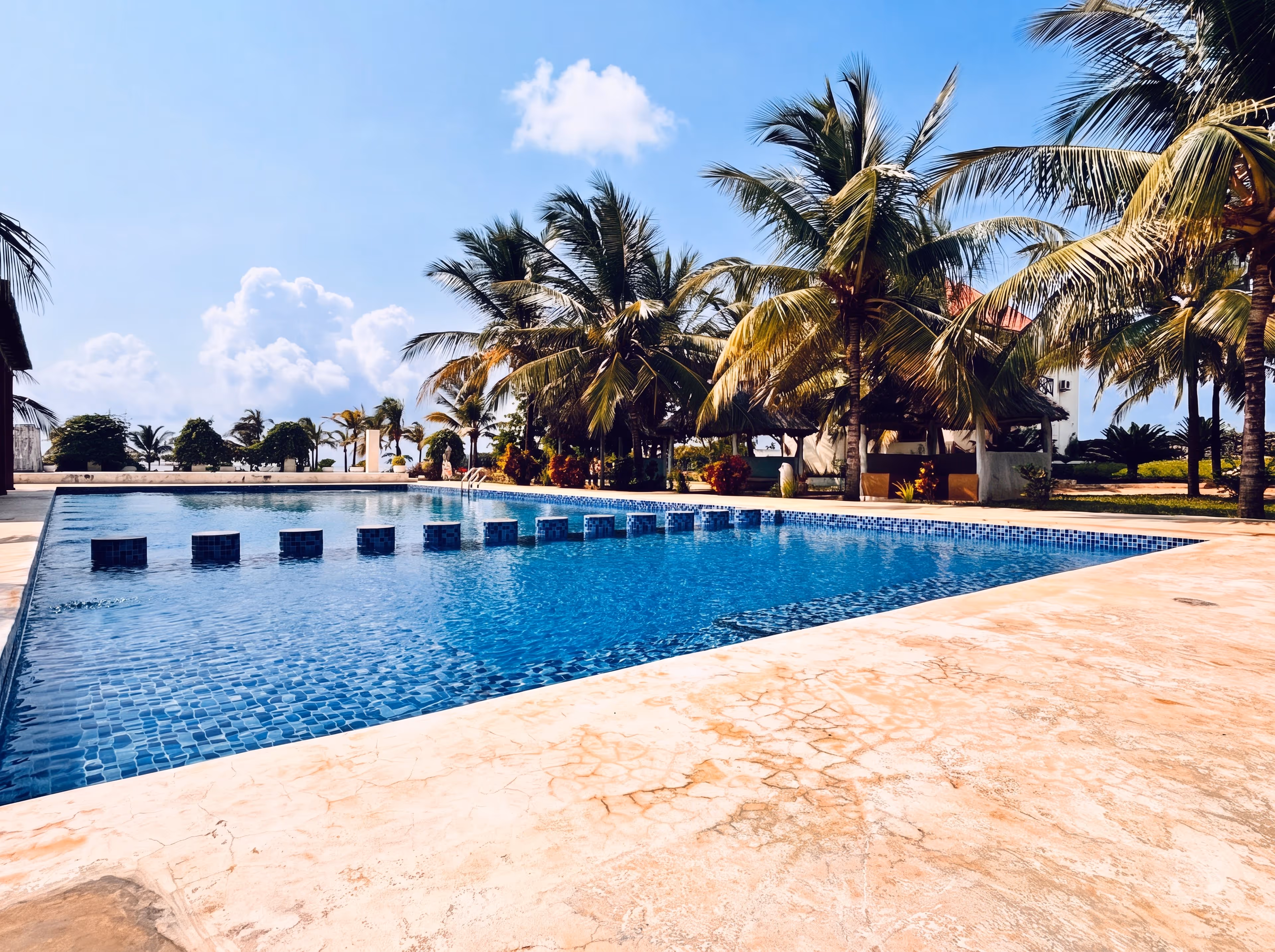 The oceanfront swimming pool framed by palms at Raffia Boutique Hotel, Jambiani
